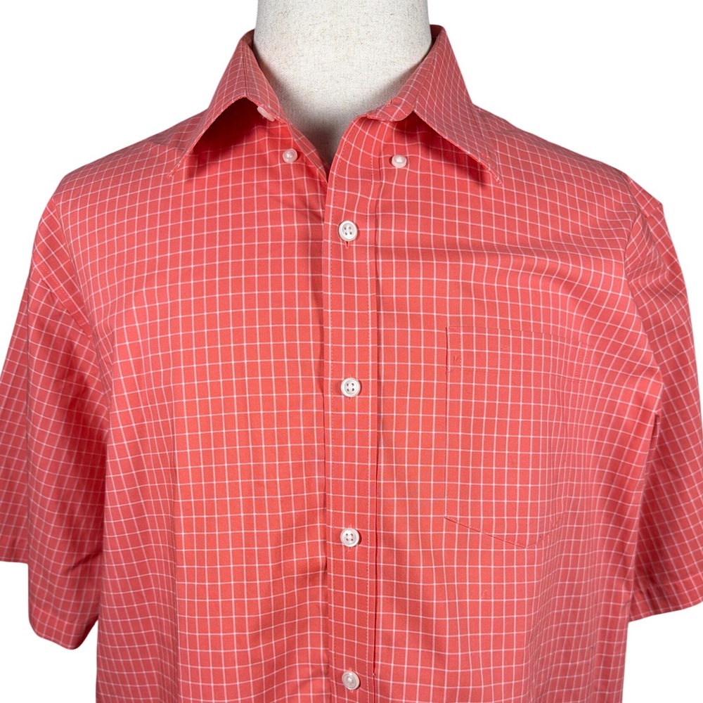 LL Bean Mens XL Tall Coral Orange Windowpane Check Short Sleeve Button Shirt